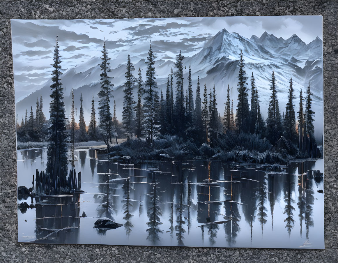 Snowy mountain landscape with reflective lake and dusky sky