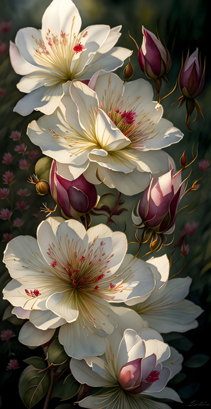 White and Pink Flowers in Digital Painting on Dark Background