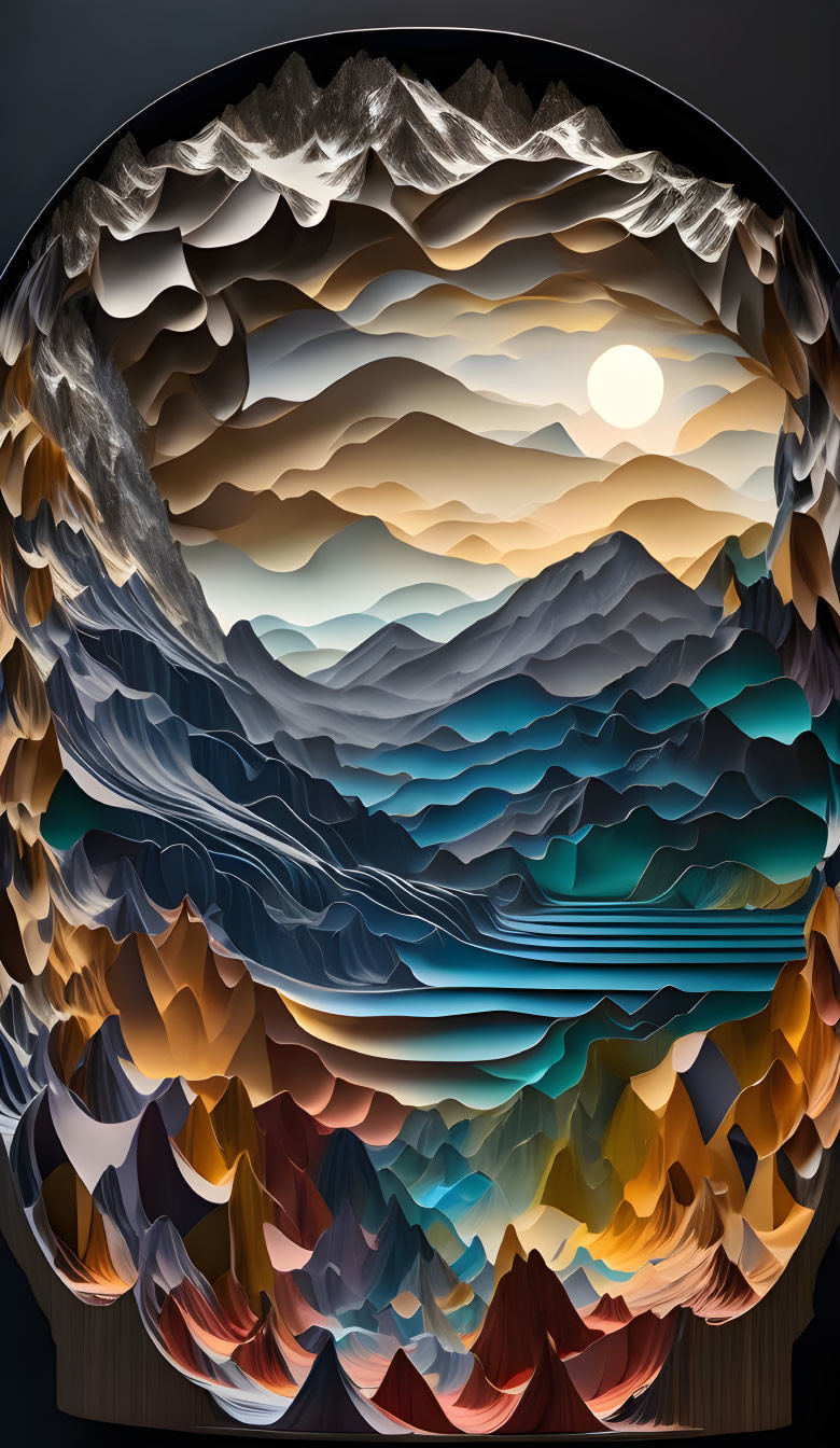 3D Layered Paper Art of Mountain and Ocean Landscapes at Sunset