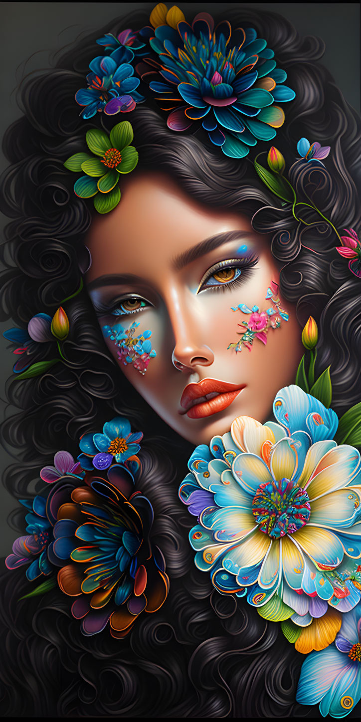 Colorful floral-themed artwork featuring a woman with voluminous curly hair.