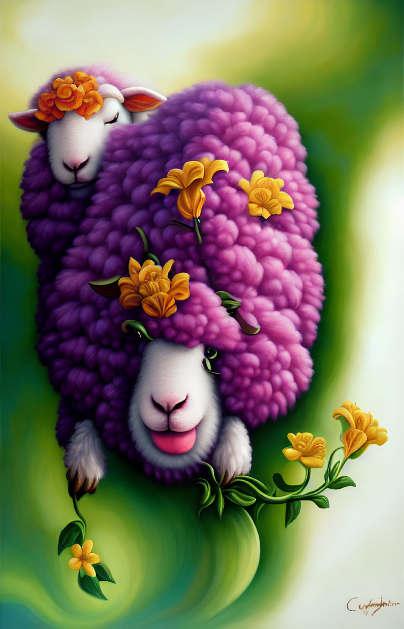 Colorful illustration of whimsical sheep with purple wool and orange flowers on bright green and yellow backdrop