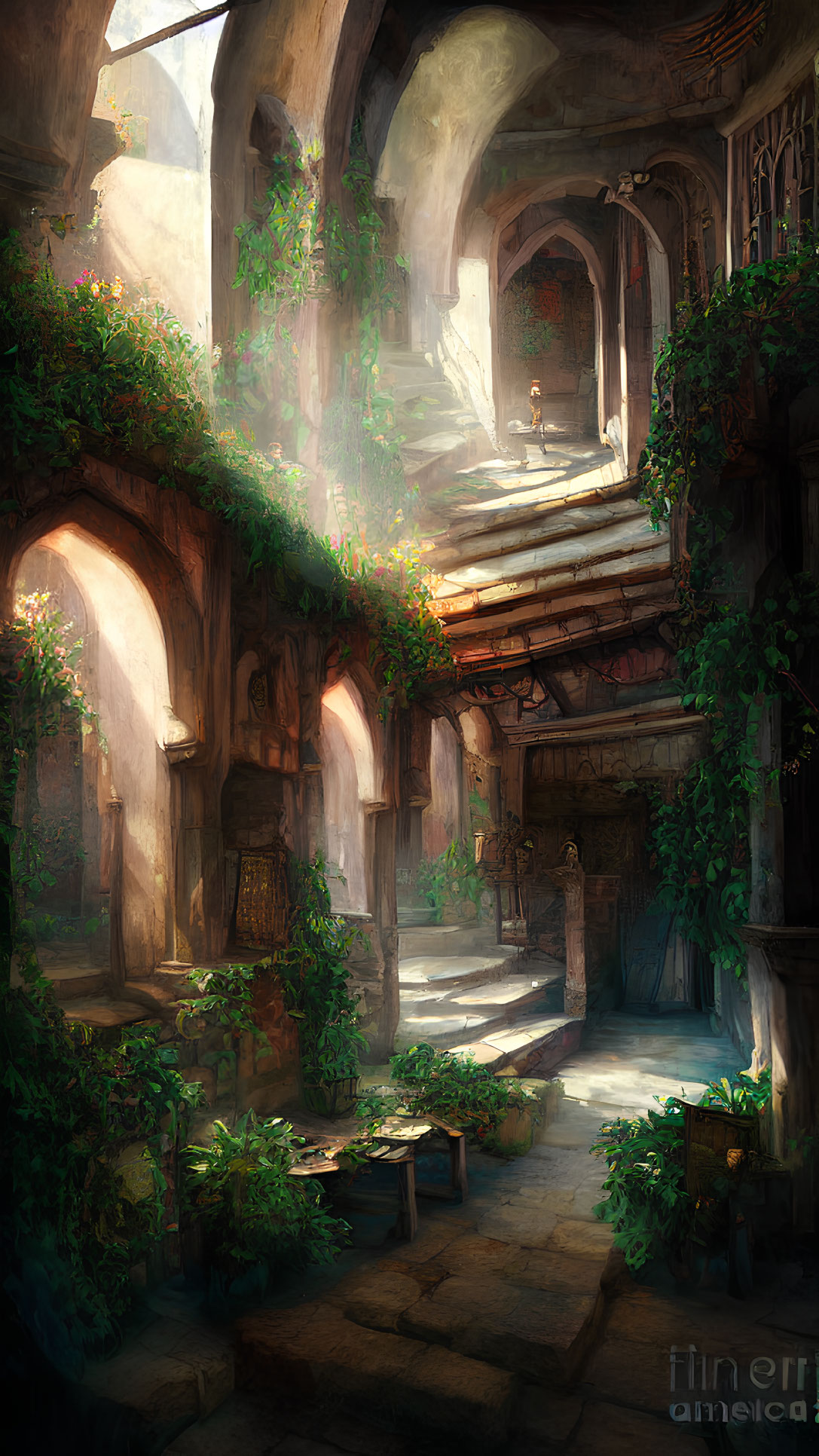 Sunlit courtyard with lush greenery, arches, balconies, and reclaimed ruins.