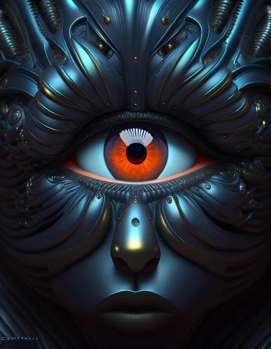 Surreal stylized face with intricate mechanical feather-like patterns in blue tones