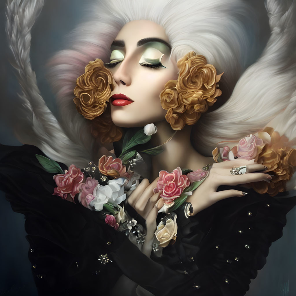 Stylized portrait of woman with pale skin, bold makeup, white wig, dark attire, past