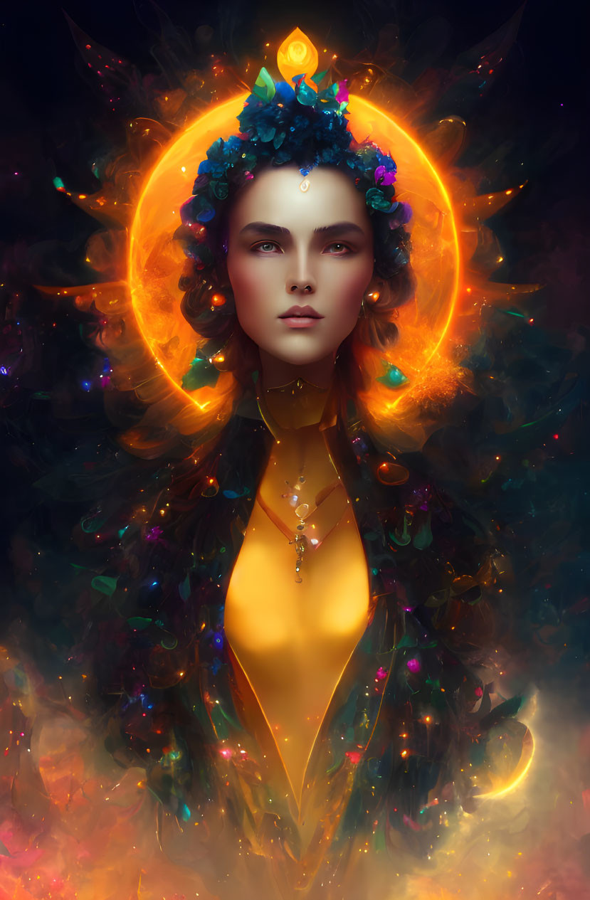 Mystical female figure with halo and flowers in warm ambiance