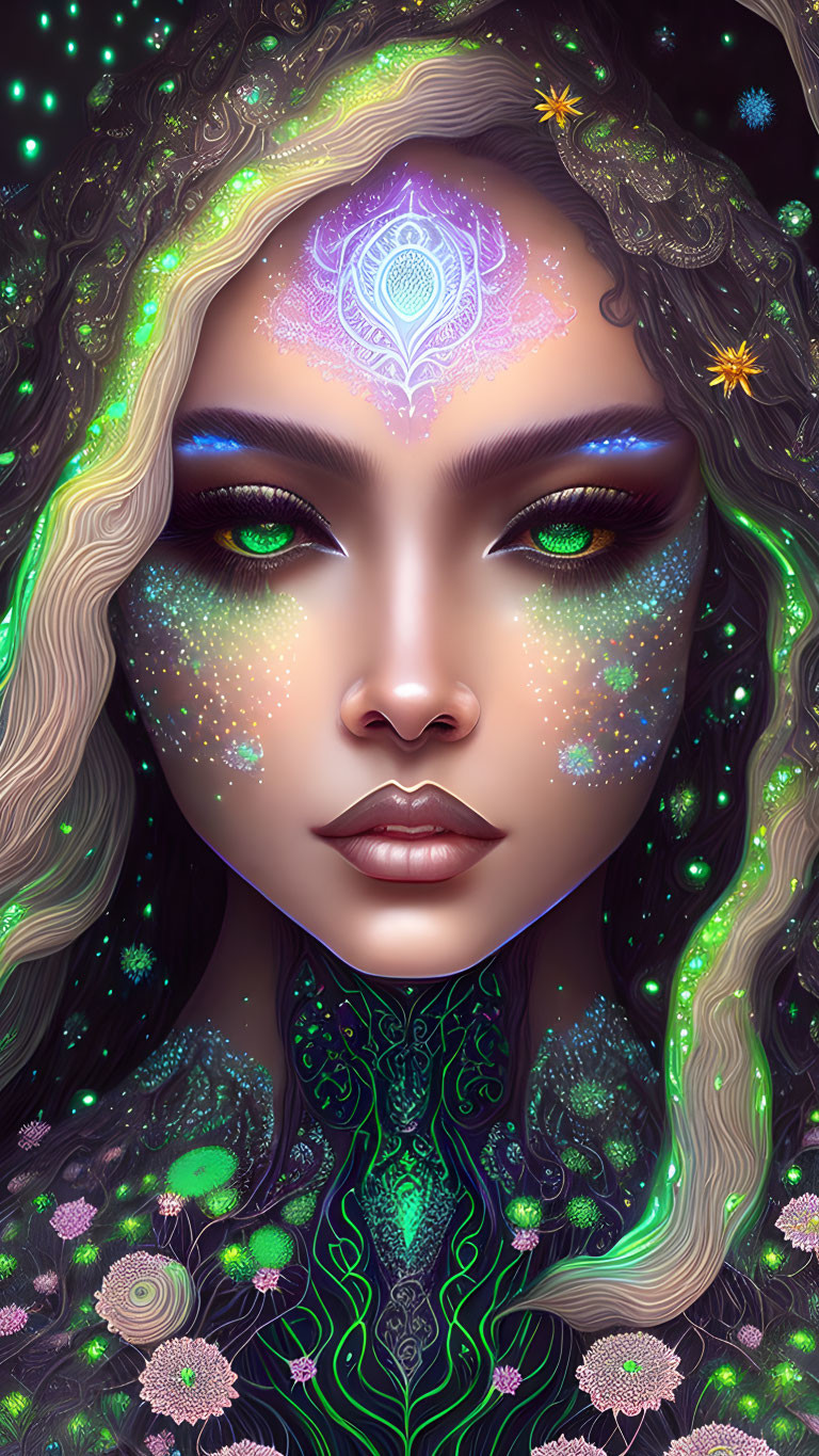 Digital portrait of woman with mystical symbols, glowing eyes, and cosmic elements integrated in hair and clothing