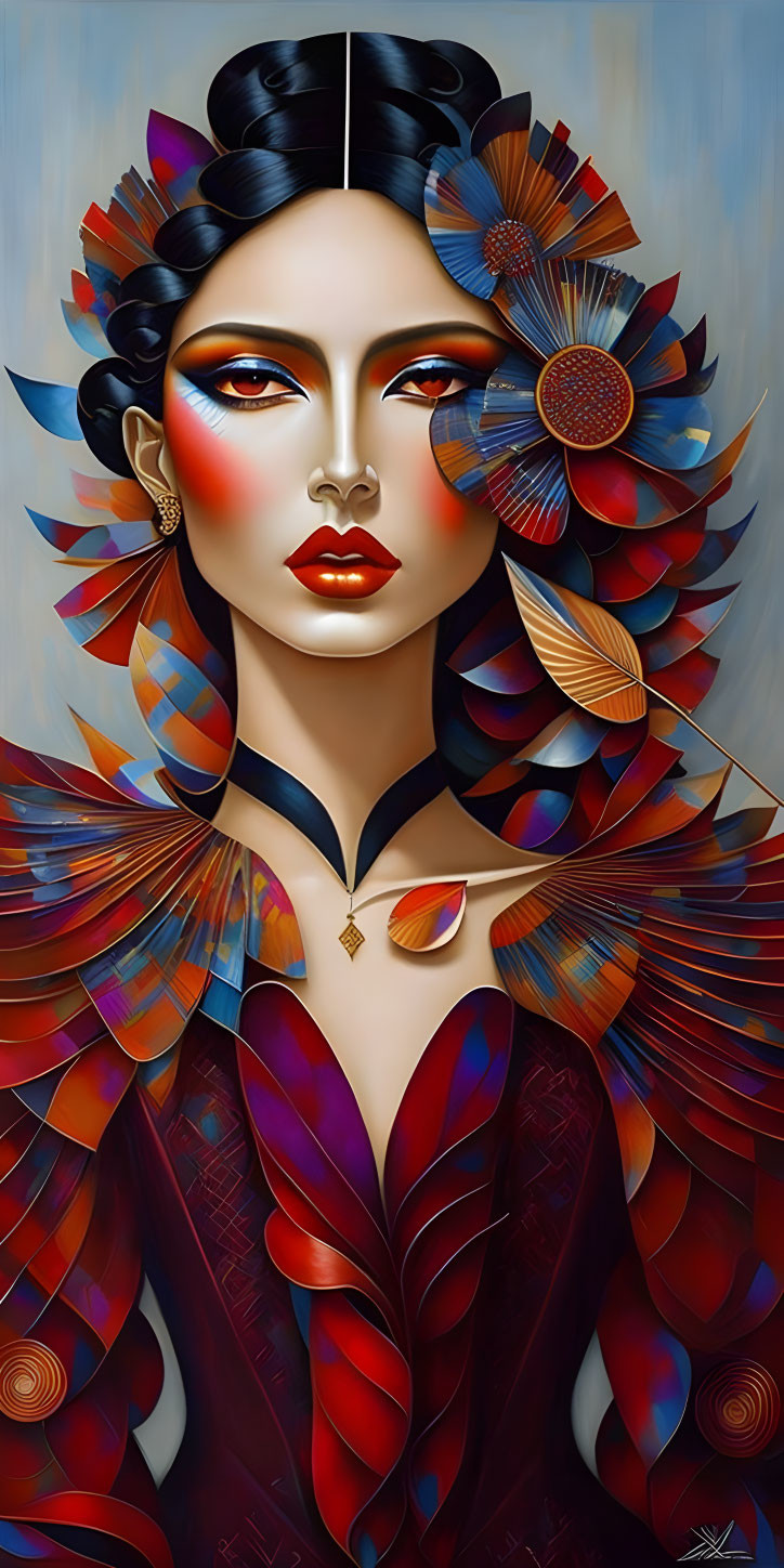 Colorful Woman Portrait with Feathers in Hair and Clothes
