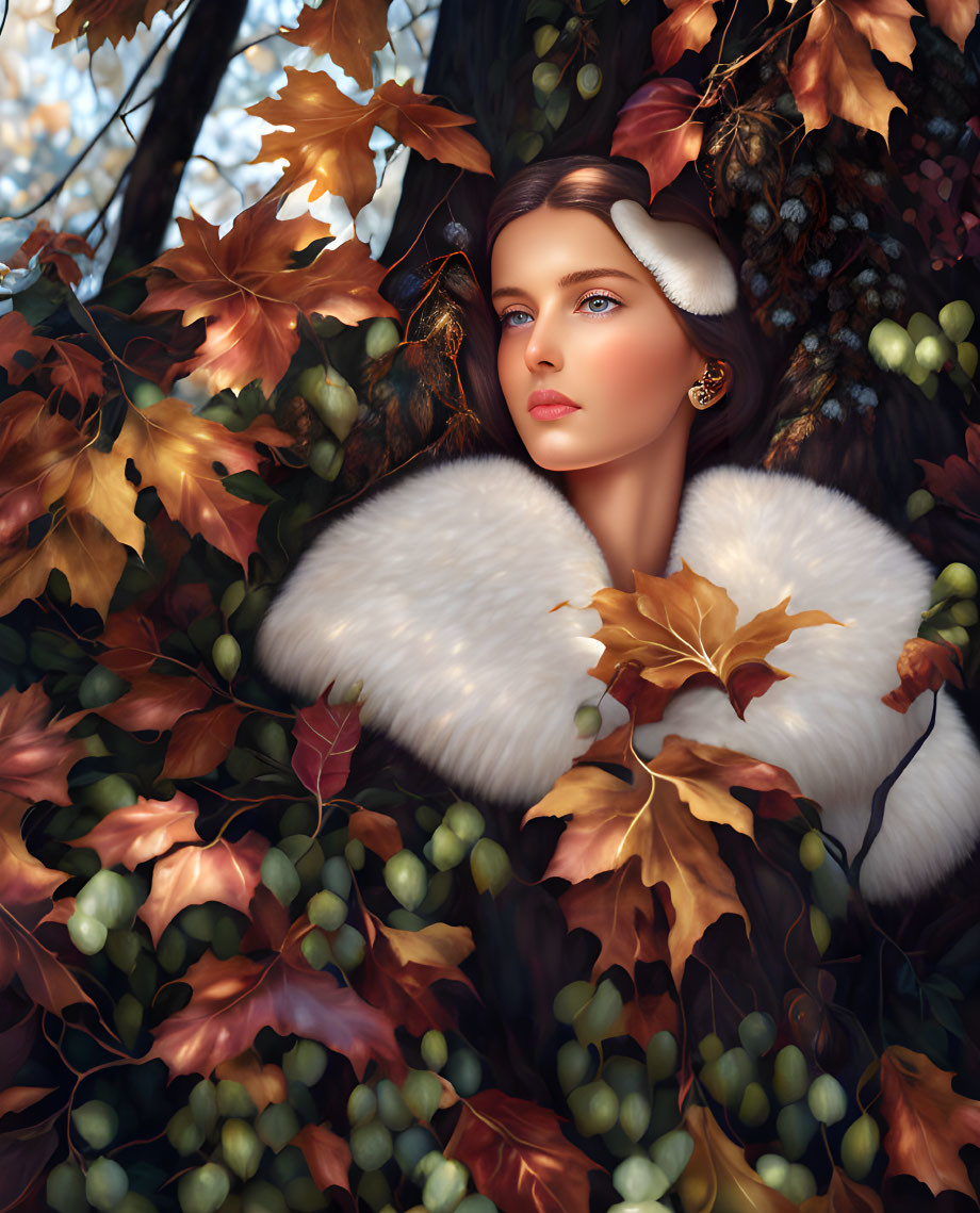 Illustrated woman in fur collar and headband surrounded by autumn leaves and grapes