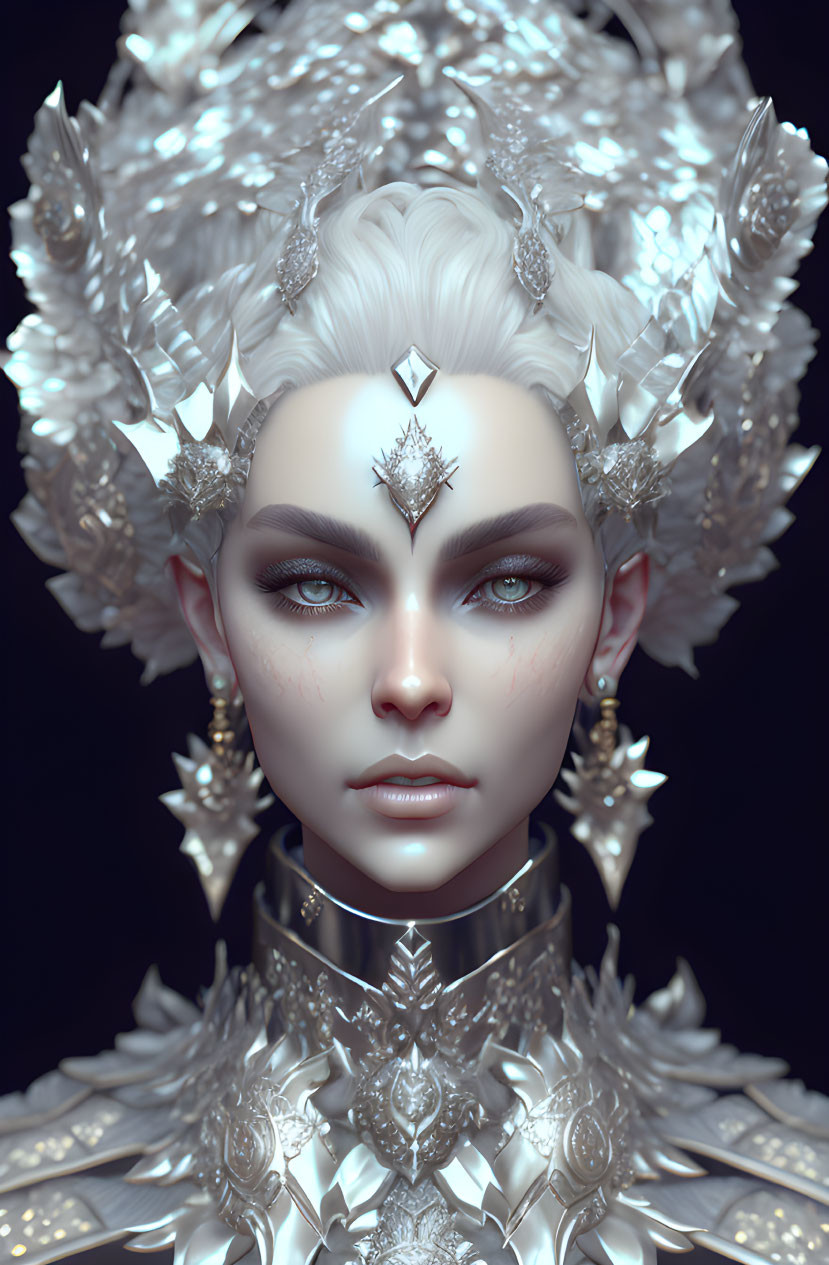 Digital portrait of a person with alabaster skin and crystal crown, adorned with intricate jewelry and serene