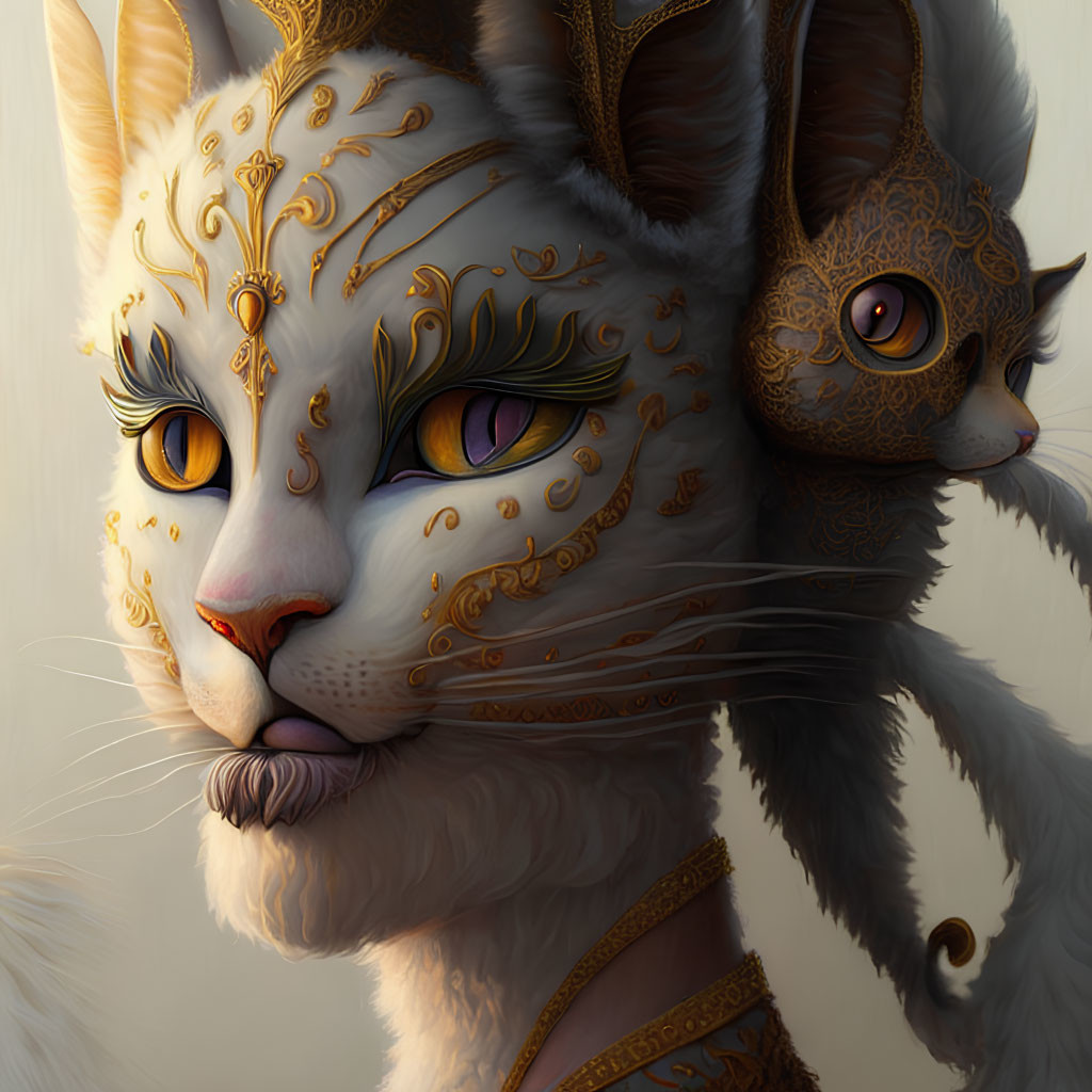 Detailed artwork of two cats with ornate golden patterns and jewelry on white fur