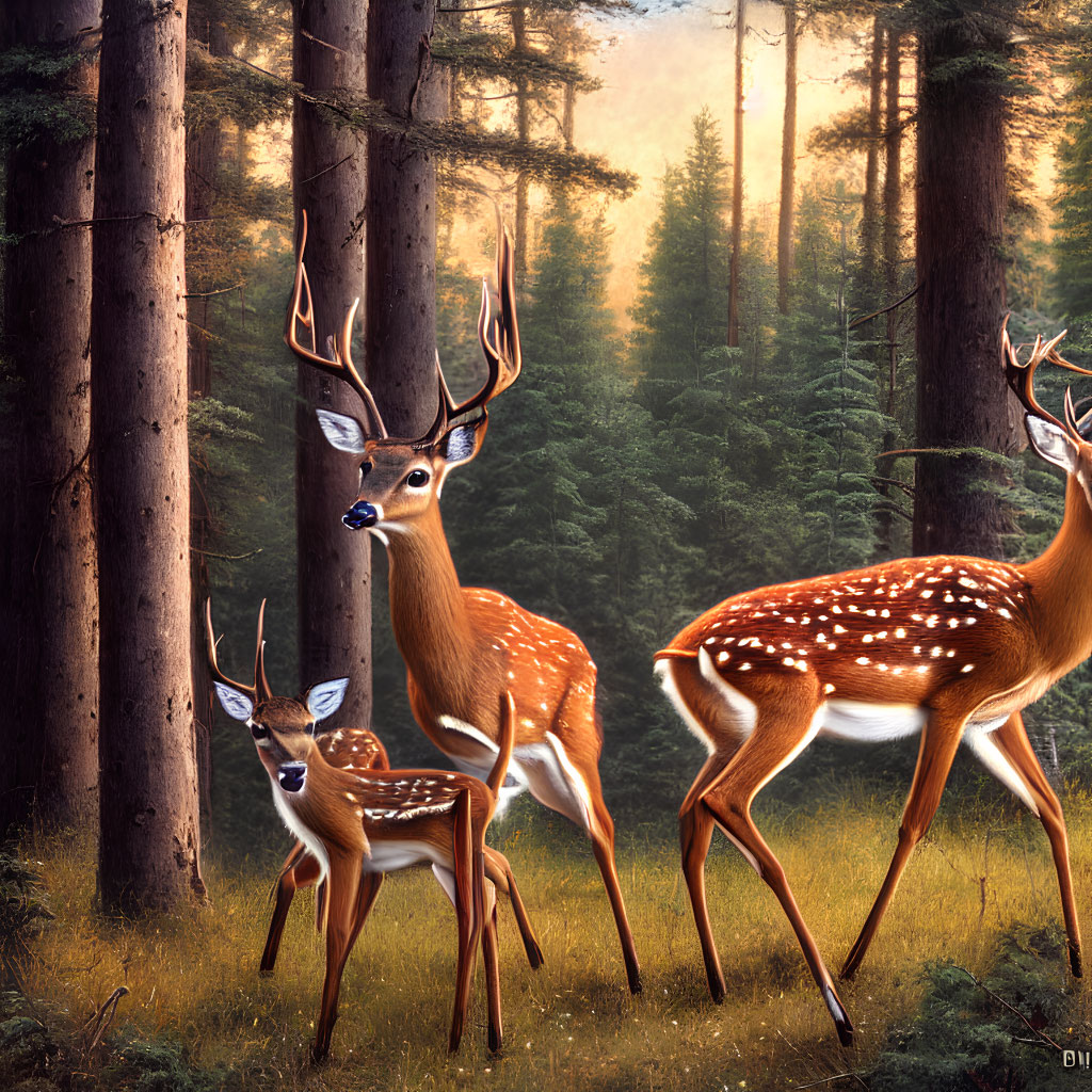 Tranquil forest scene with spotted deer in golden morning light