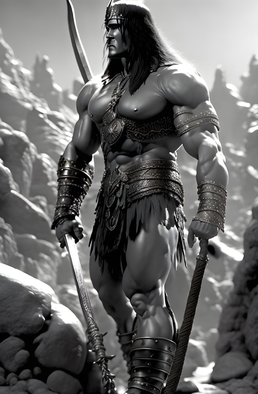 Monochrome fantasy warrior with sword on rocky terrain