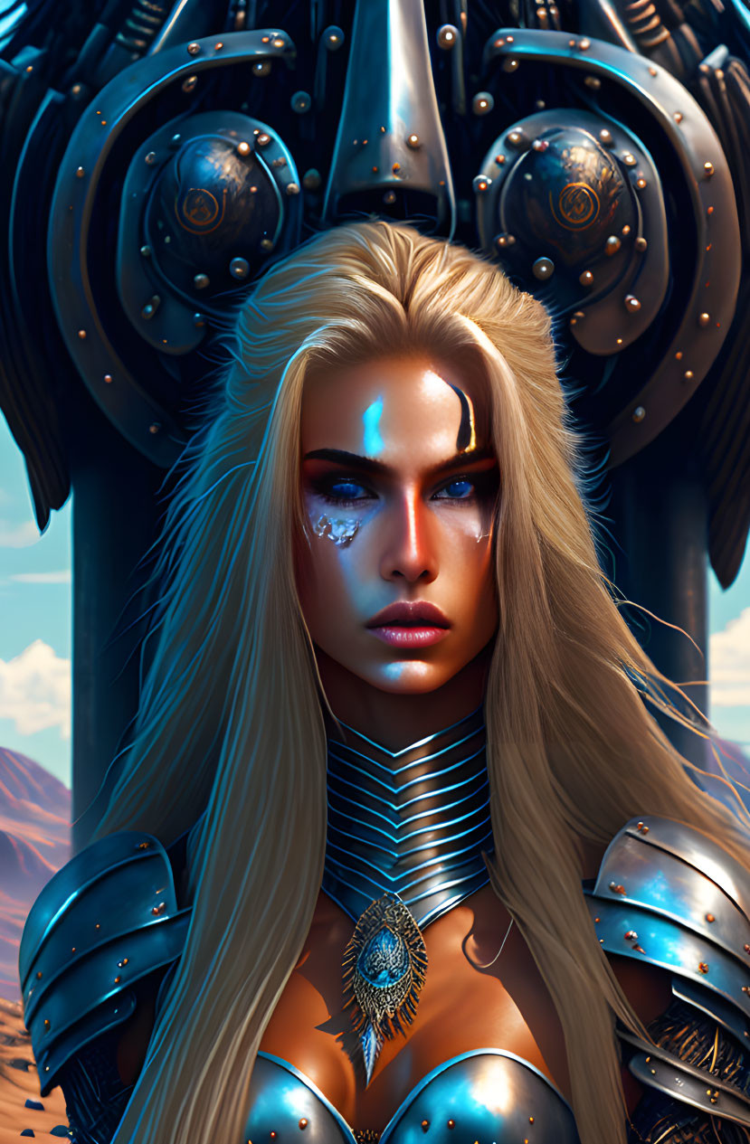 Blonde Woman in Futuristic Armor on Desert Background