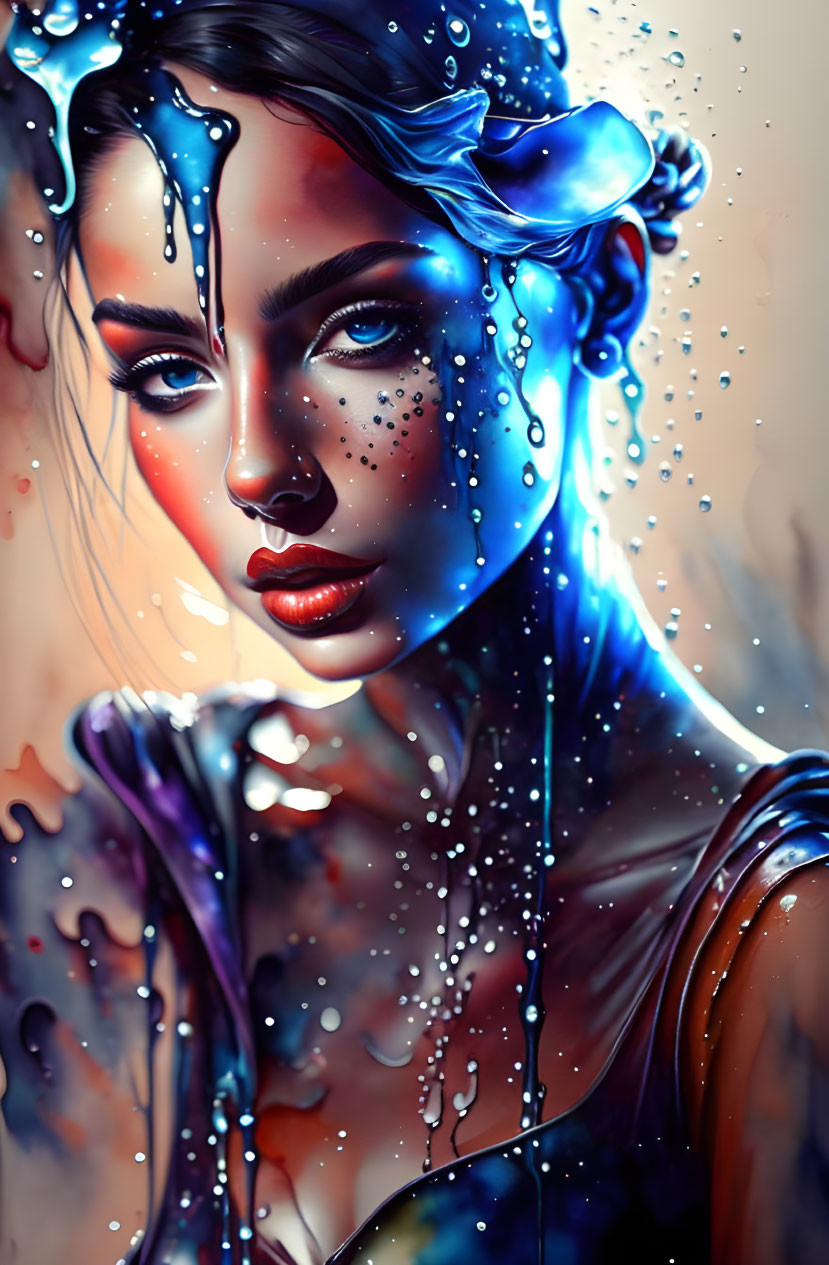 Dynamic digital art of a woman with blue dripping paint and striking features, enhanced by lighting and water dro