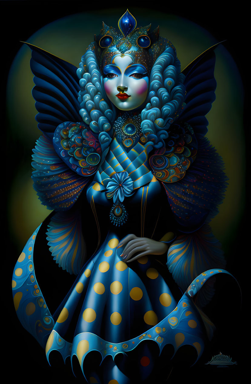 Elaborate Blue Feathered Attire and Striking Makeup on Regal Figure