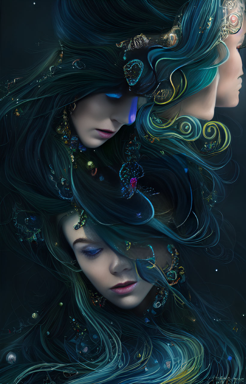 Ethereal Women with Dark Hair and Celestial Ornaments on Starry Background