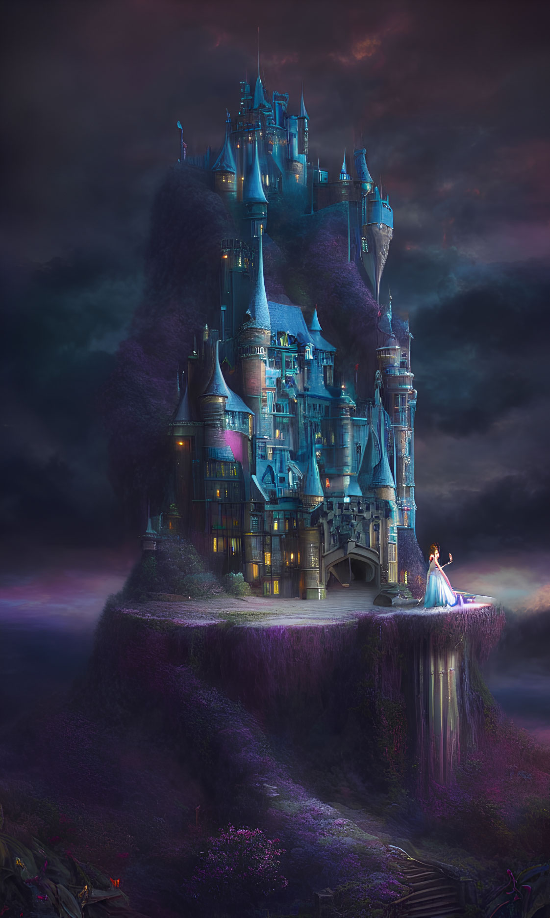 Enchanted castle on cliff with purple mist and woman in blue dress