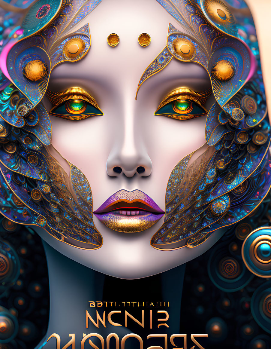 Surreal portrait featuring golden eyes and ornate details blending futuristic and Baroque styles