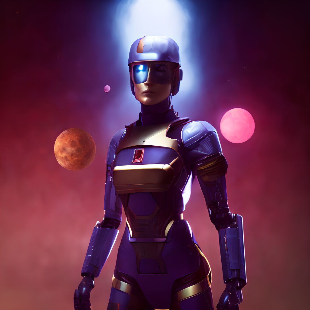 Futuristic robot with human-like features in cosmic setting