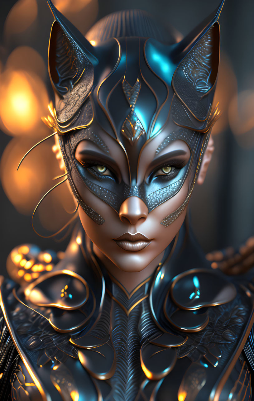 Detailed digital portrait of woman in feline armor with metallic finishes and blue accents on warm bokeh backdrop