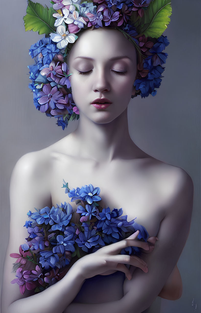 Woman adorned with blue and purple hydrangea wreath, eyes closed in serene pose