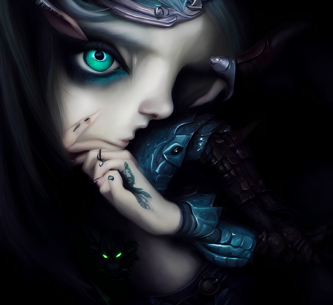 Fantasy illustration of a figure in elaborate armor with blue eyes and dark hair