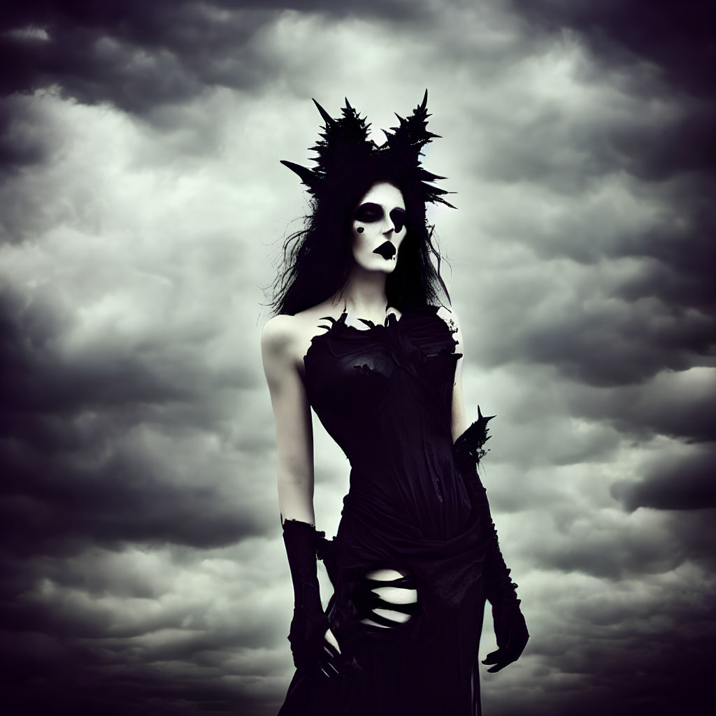 Gothic person in pale makeup and dark lipstick under stormy sky