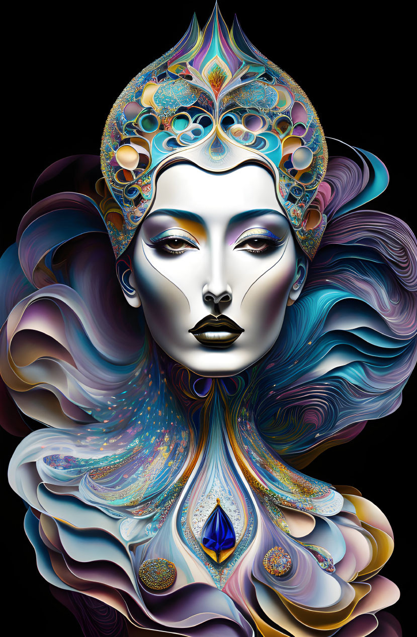 Colorful digital artwork of a stylized woman with flowing hair and ornate headdress, showcasing intricate
