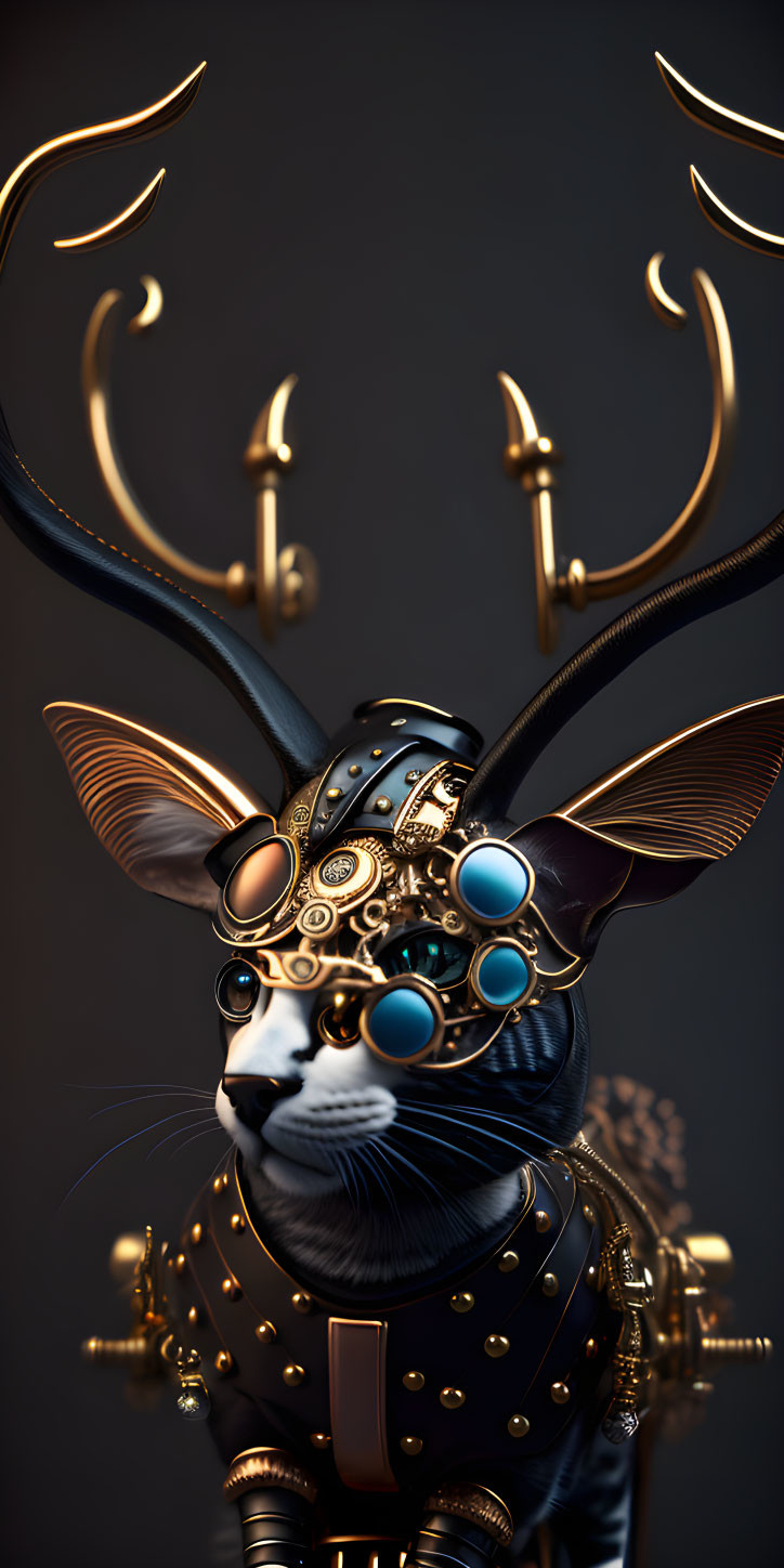 Steampunk-inspired mechanical cat with golden gears and antler-like adornments