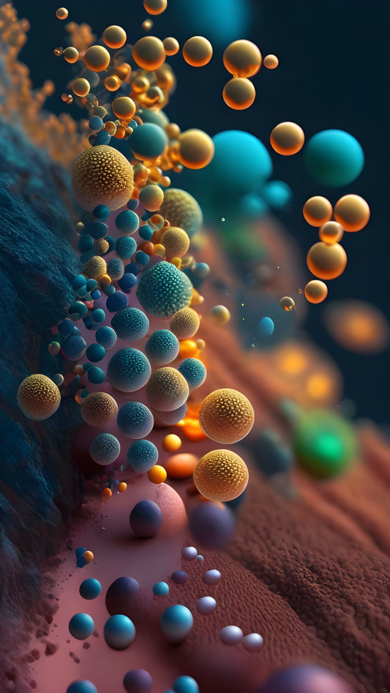 Colorful digital artwork featuring floating multicolored spheres on textured surface