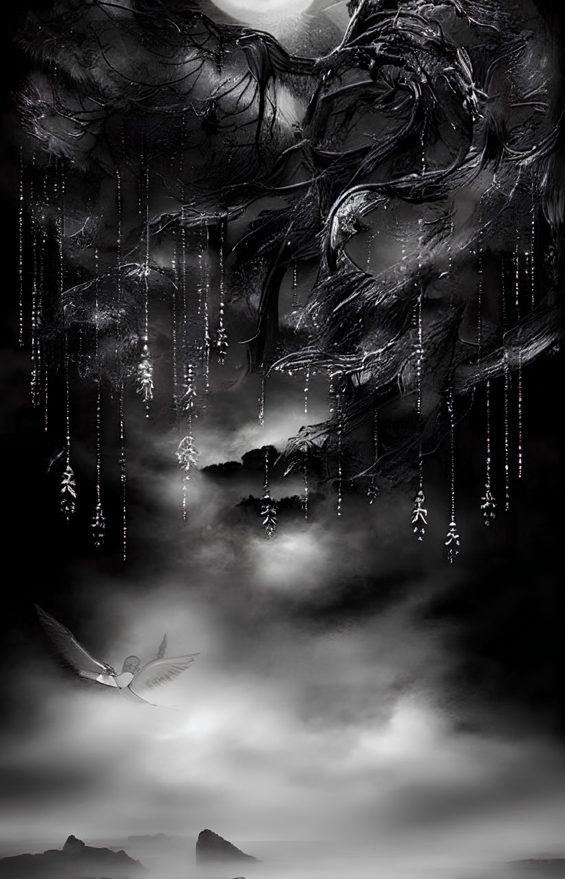 Monochrome fantasy landscape with twisted trees, luminescent crystals, fog, and bird