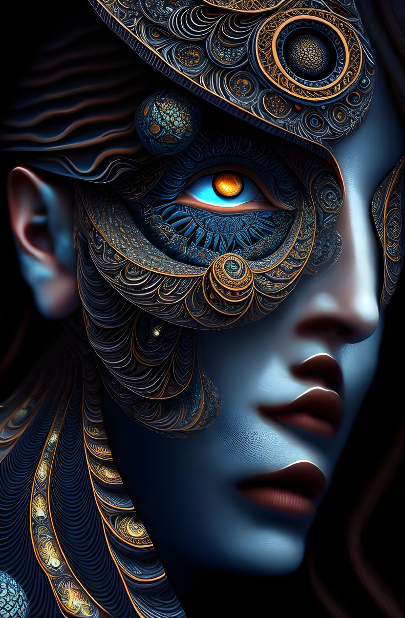 Intricate Blue and Gold Patterned Face with Vibrant Orange Eye