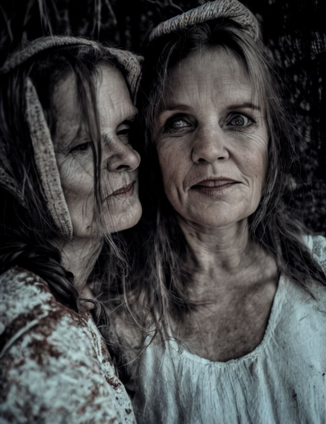 Portrait of two women in rustic attire against dark background