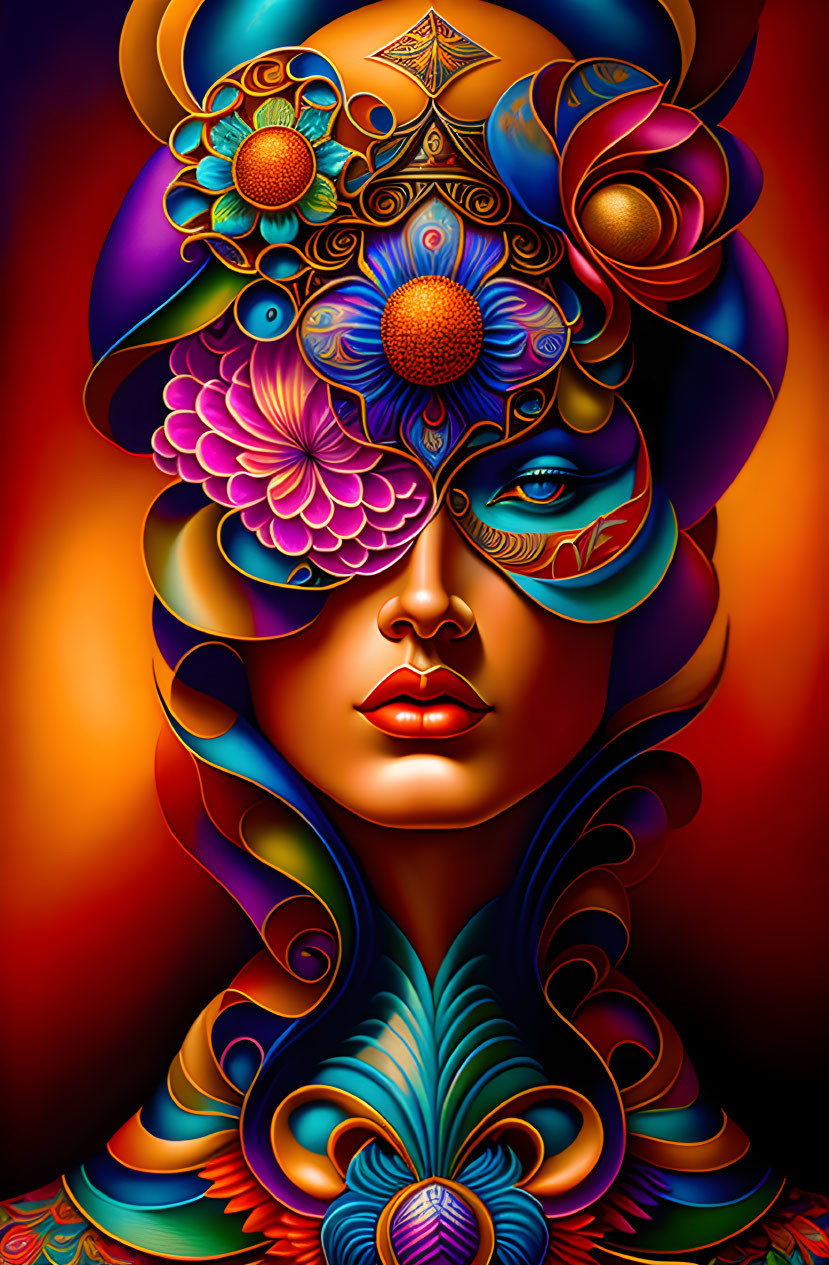 Colorful digital artwork of woman's face with intricate patterns.