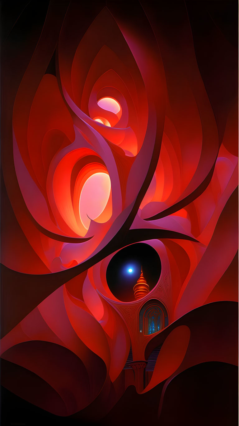 Fluid red structure with petal layers enveloping blue-lit chamber