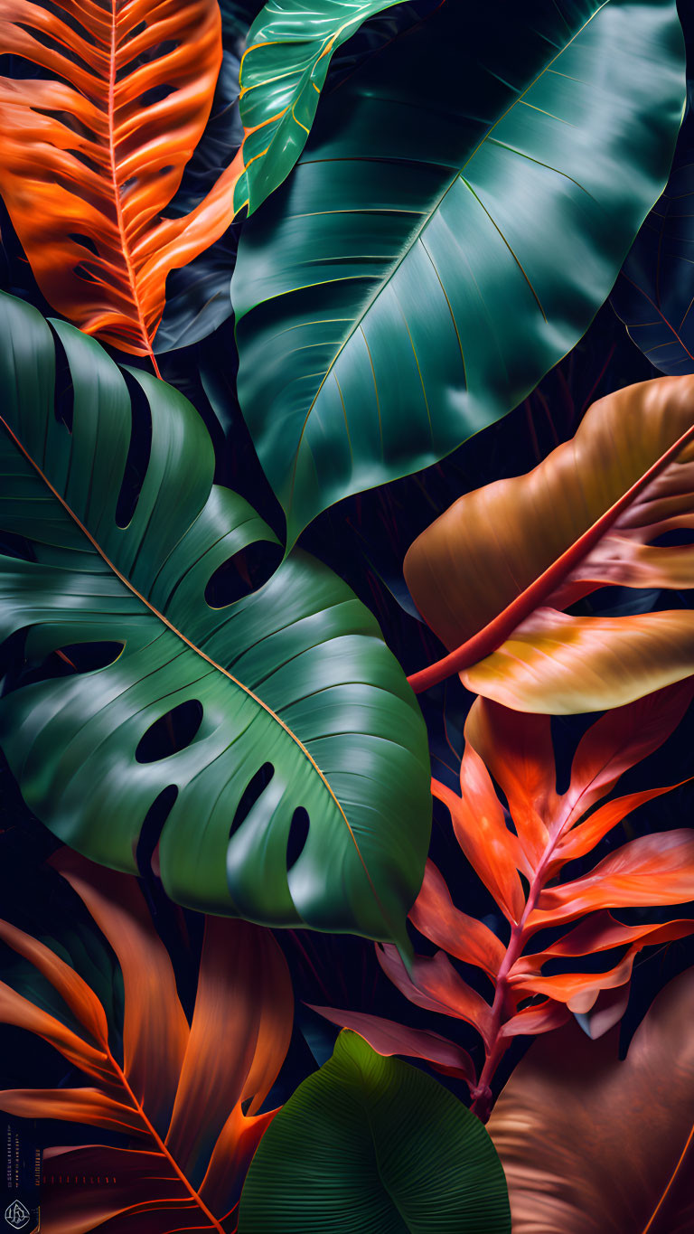 Tropical Leaves in Dark Green and Orange Tones