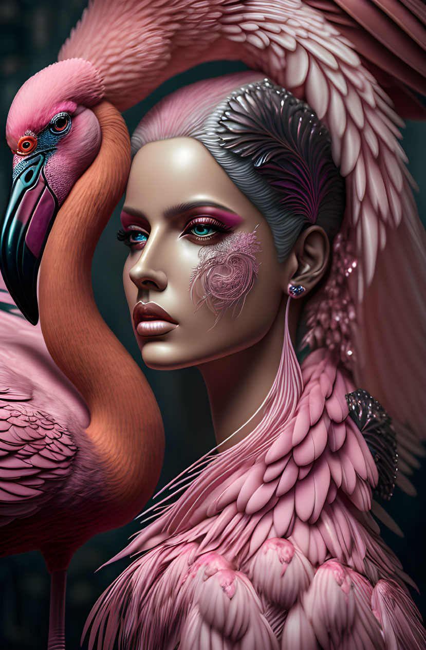 Digital art: Woman with vibrant makeup fused with pink flamingo, showcasing human-bird symmetry.