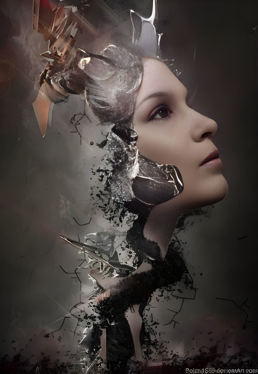 Surreal portrait of woman with fragmented head and shoulder on gray background