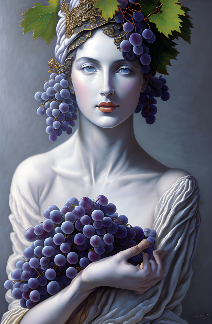 Classical portrait of serene woman with grapevine in hair holding grapes