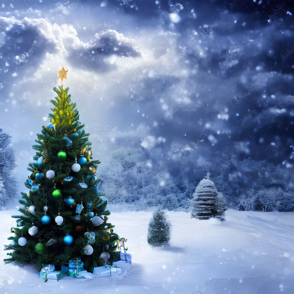 Festive Christmas tree with gifts in snowy landscape