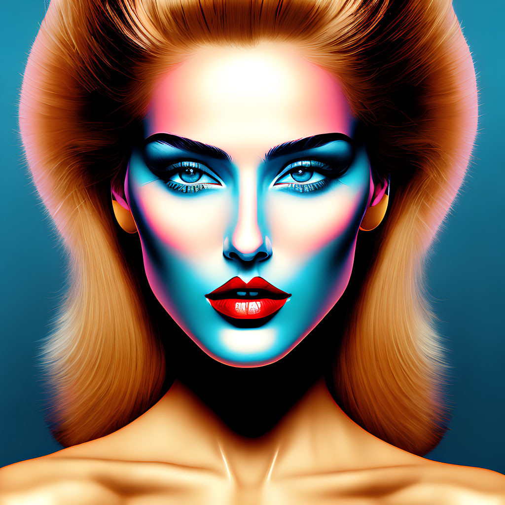 Vibrant digital artwork of woman with blue eyes and colorful makeup