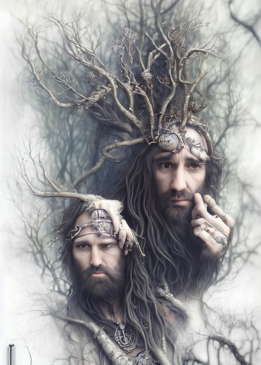 Mystical figures with tree branch crowns in misty monochromatic setting