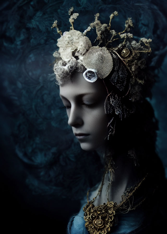 Elaborate headpiece and gold jewelry on profile portrait against dark blue background