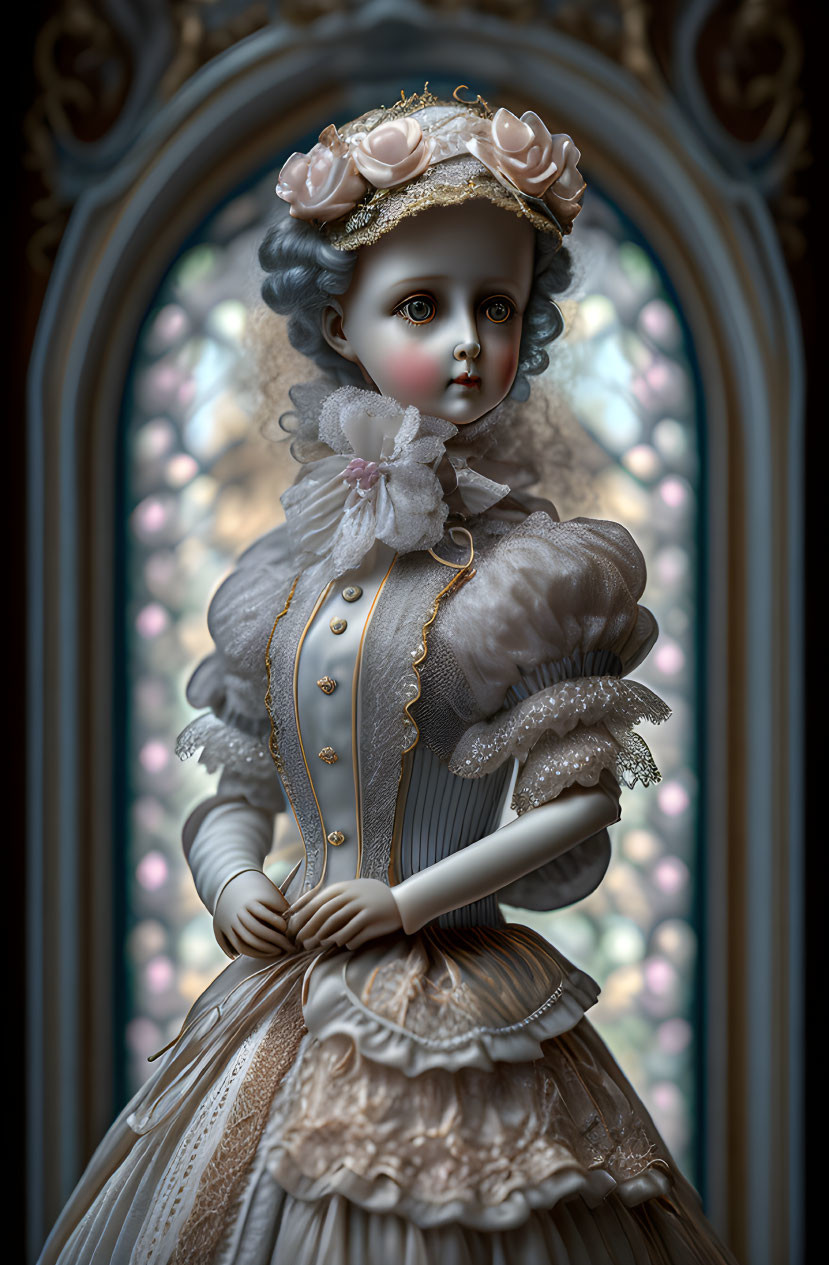 Victorian doll in lace dress by ornate window