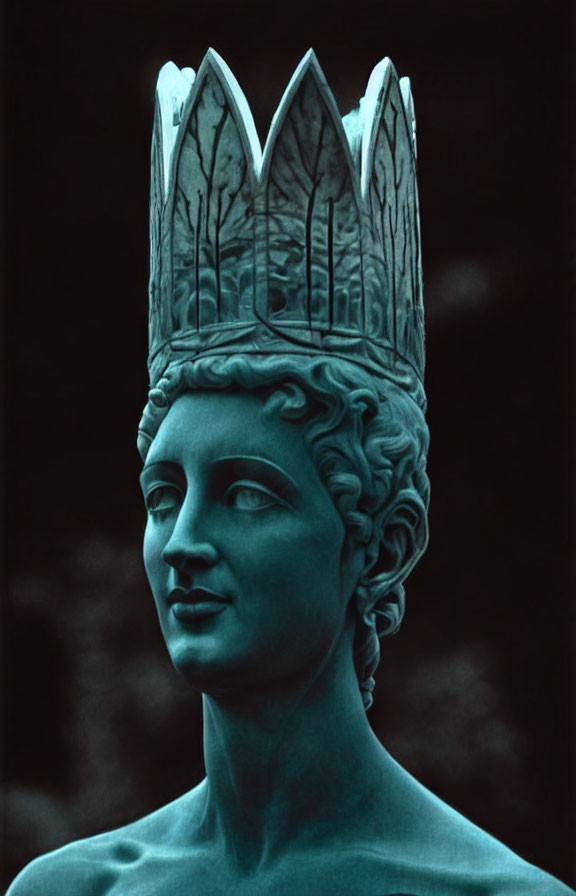 Teal-toned sculpture of person with intricate detailing and tree branch crown.