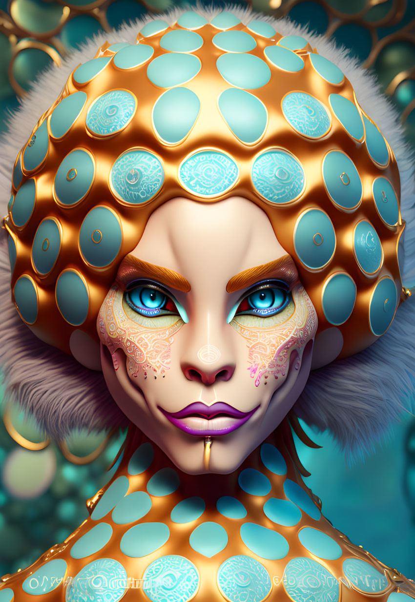 Digital artwork: Woman with golden headdress and teal accents, blue eyes, intricate facial patterns, matching