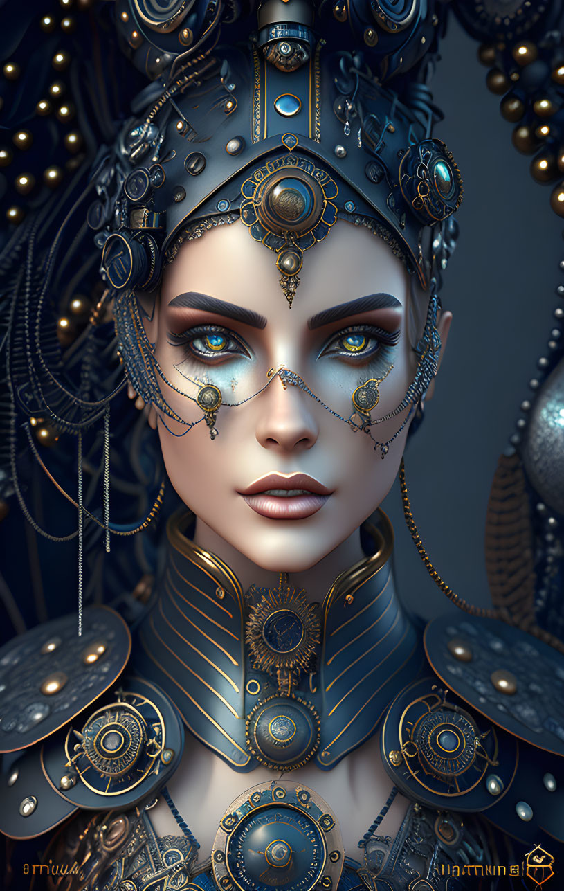 Intricate gold and blue headgear on woman in digital artwork