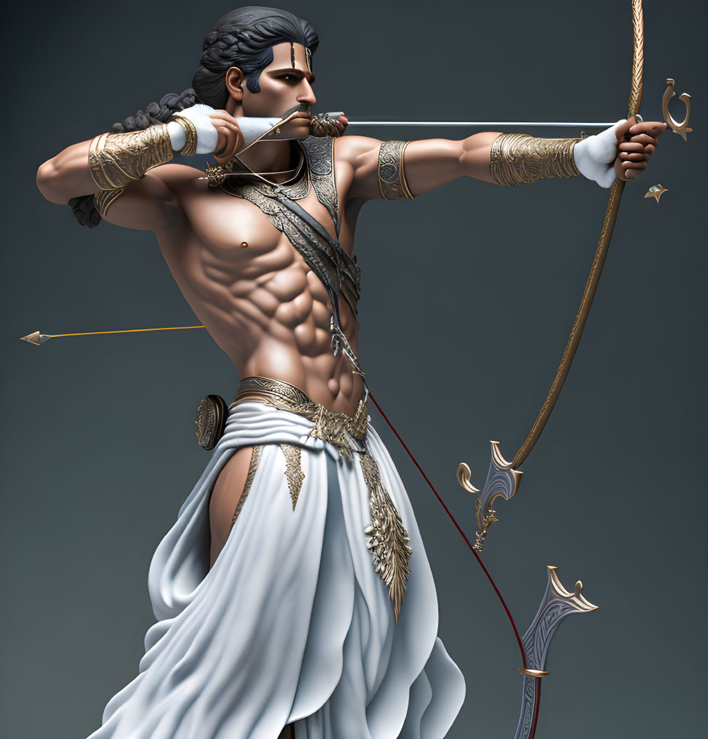 Muscular man in white dhoti, drawing bow and arrow with intense expression