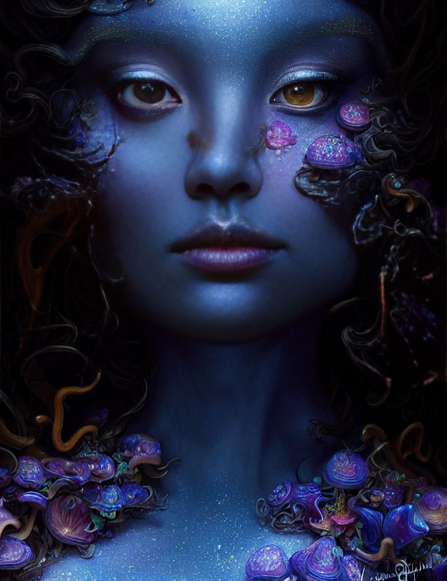 Fantasy woman portrait with blue skin, yellow eyes, dark hair, purple and blue flowers.