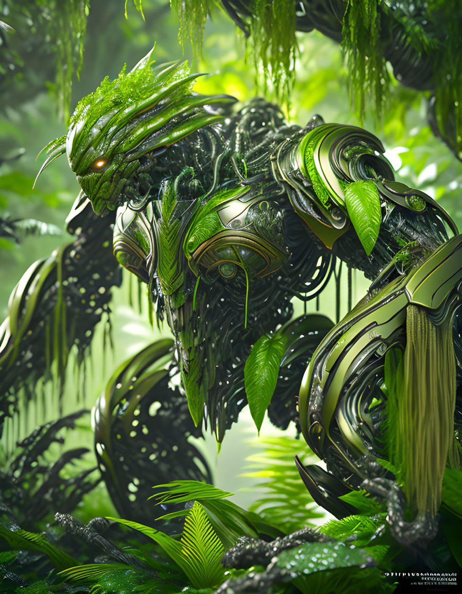 Detailed Bio-Mechanical Creature in Predator Style Amid Lush Jungle
